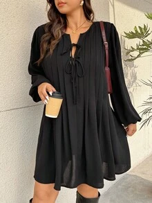 SHEIN Frenchy 大码纯色系带长袖休闲短款连衣裙 - 黑色 - 查看 6