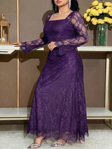Feyla Plus Size Solid Color Square Neck Mesh Patchwork Elegant Long Sleeve Dress Fall - Purple - View 5