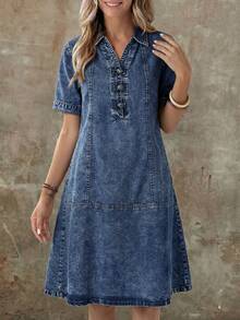 EMERY ROSE EMERY ROSE Women's Fashion Versatile Frog Button Short Sleeve Denim Dress Fall - Dark Wash - View 2