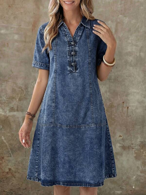 EMERY ROSE EMERY ROSE Women's Fashion Versatile Frog Button Short Sleeve Denim Dress Fall