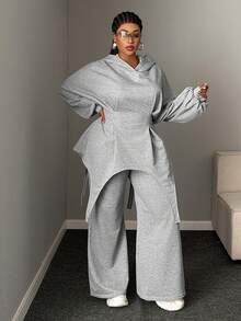 Mawevolt Plus Size Solid Color Hooded Cinched Waist Asymmetrical Hem Sweatshirt + Flared Sweatpants 2 Pieces Casual Set Fall - Grey - View 6
