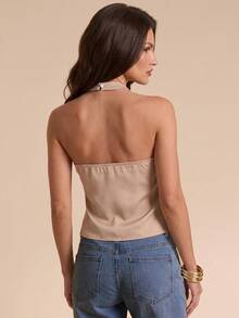 Bluhae Elegant Solid Halter Cowl Neck Top, Long Drape Tie Sleeveless Slim Fit Camisole - Khaki - View 2