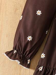 SHEIN 少女花卉印花圓領百褶休閒派對洋裝 - 棕色 - 查看 3