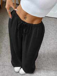 SHEIN EZwear 大尺碼女款休閒抽繩腰長褲 - 黑色 - 查看 1