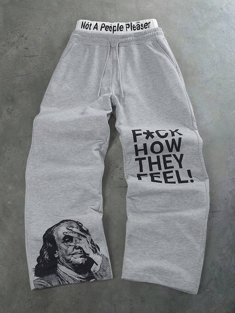 PAVTROS Men's Drawstring Waist Letter Pattern Casual Daily Sweatpants - Grey - View 1