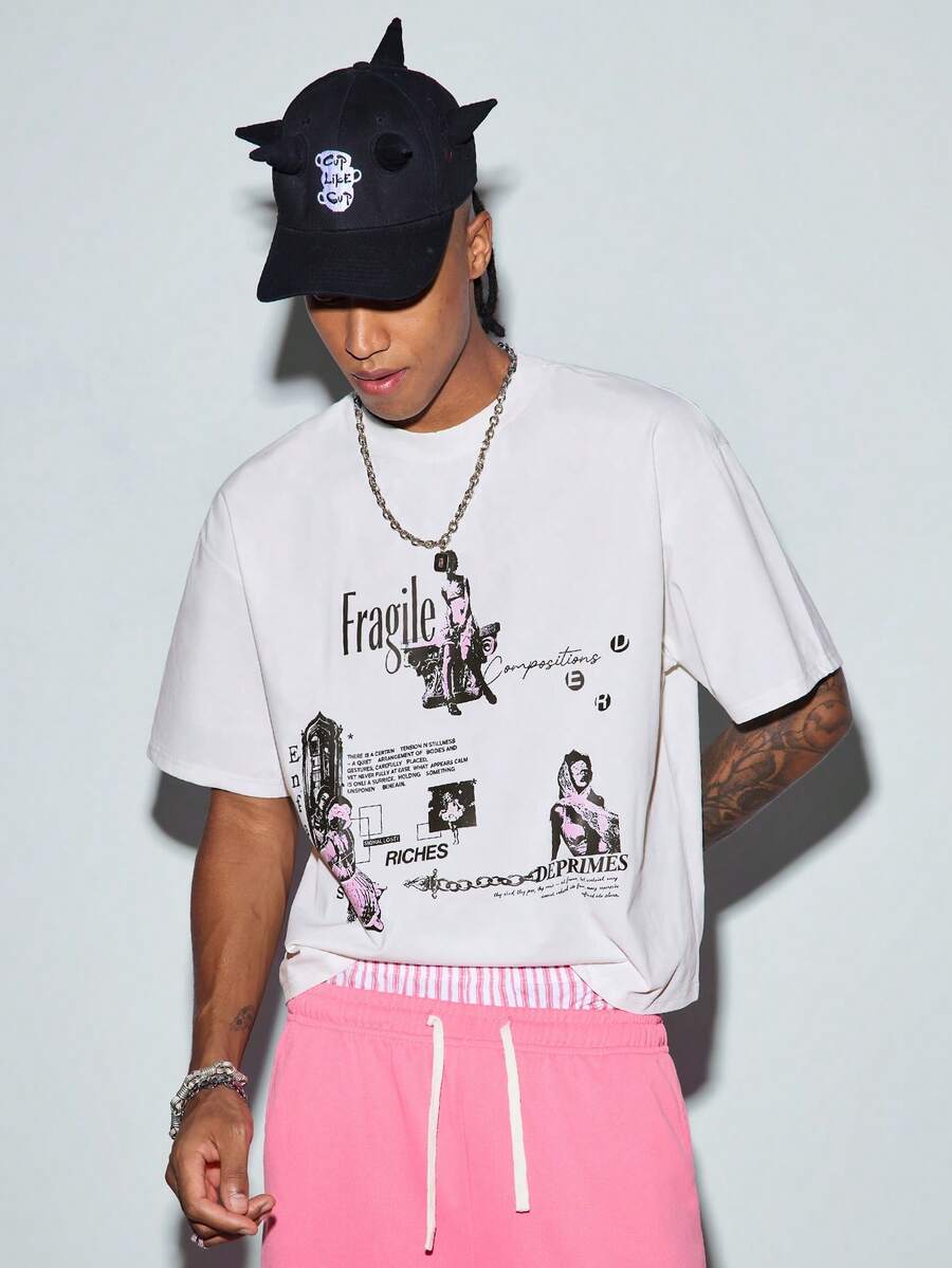 Men's Summer Short Sleeve Letter & Hollow Print Round Neck Loose T-Shirt - White - View 1