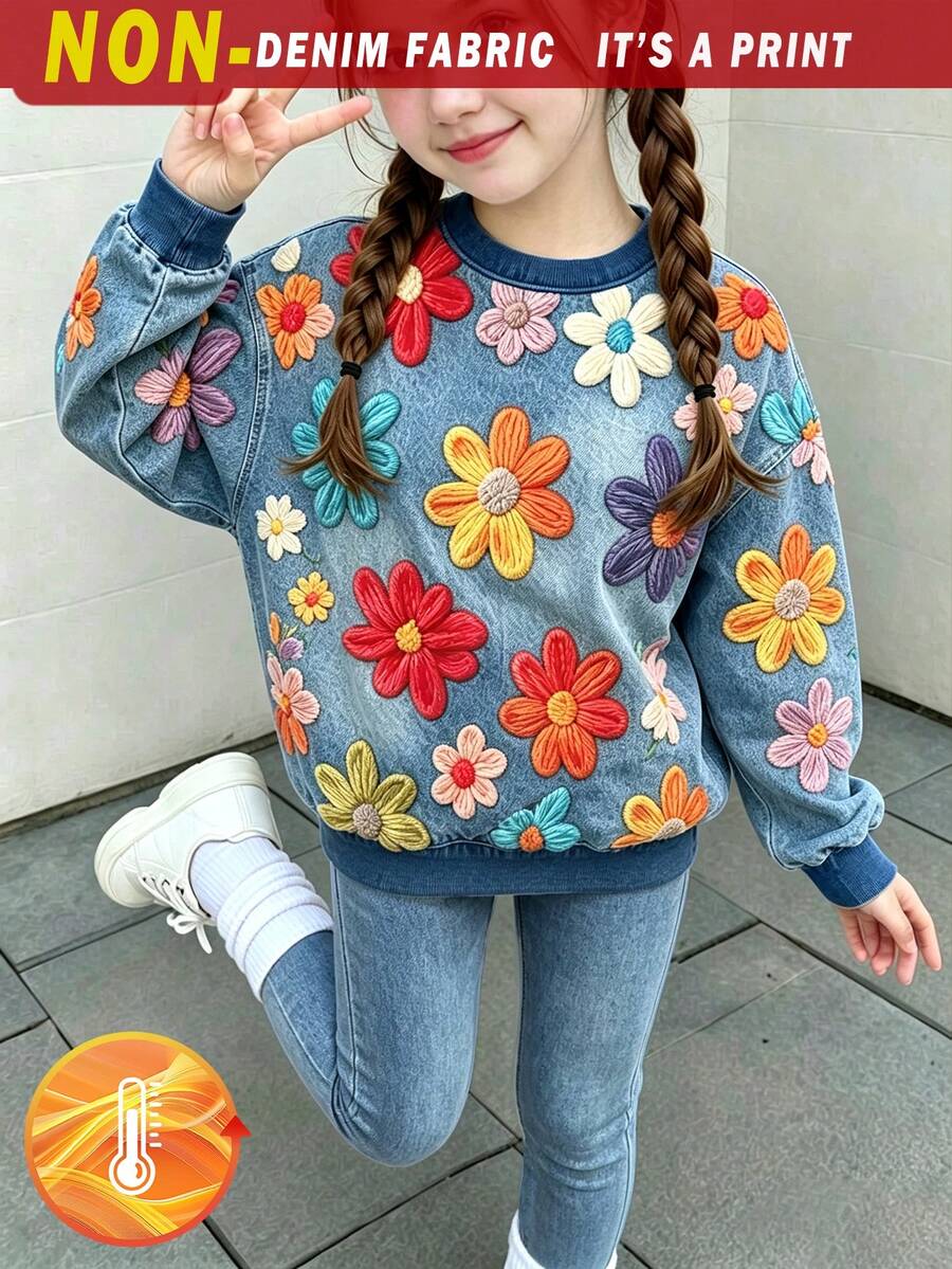 SHEIN 女童 2件組休閒時尚百搭春/秋/冬套裝,5-15°,小女孩圓領衛衣搭配內搭褲套裝,可愛甜美花卉圖案數位印花內搭褲 2件組,適合返校、派對、戶外野餐、街拍、校園、假期、禮物 - 彩色 - 查看 1