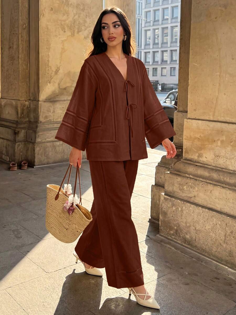 Duskaine Women's Solid Color Long Sleeve Top And Pants Casual Everyday 2 Pieces Set - Maroon - View 1