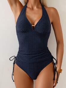 SHEIN Swim 女款夏季度假休閒海灘兩件組，純色深藍色細肩帶比基尼泳衣 - 藏蓝色 - 查看 4