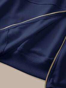 SHEIN BASICS Chaqueta holgada de punto de unicolor con cuello alto y manga larga para mujer en otoño/invierno - Azul Marino - Ver 14