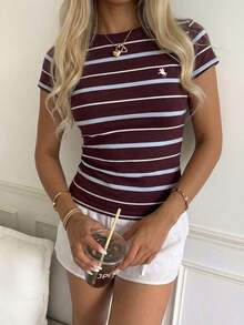 CovetEZ 95%棉女款休閒條紋修身短袖T恤，美式復古條紋，女款夏季服飾，街頭風，適合日常通勤、約會、派對、秋冬、夏季、派對、婚禮、海灘、畢業典禮、優雅、休閒、外出、Y2K、音樂節穿搭、度假服飾、返校穿搭 - 彩色 - 查看 4