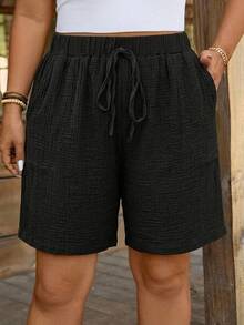 Comfylo Plus Size Textured Solid Color Drawstring Waist Pocket Shorts For Vacation Bussines Vacation Carribean Black Summer Casual - Black - View 3