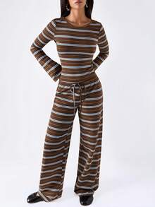 LYSMO Women's Striped Long Sleeve Top And Pants Casual Daily Set - Multicolor - View 6
