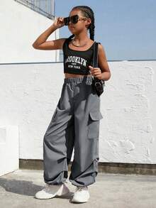 SHEIN Tween 女童纯色工装裤，简约时尚休闲日常长裤 - 灰色 - 查看 3