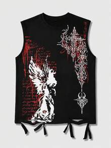 ROMWE MEN Street Life Men's Dark Hip-Hop Print Colorblock Crew Neck Distressed Tank Top - Black - View 1
