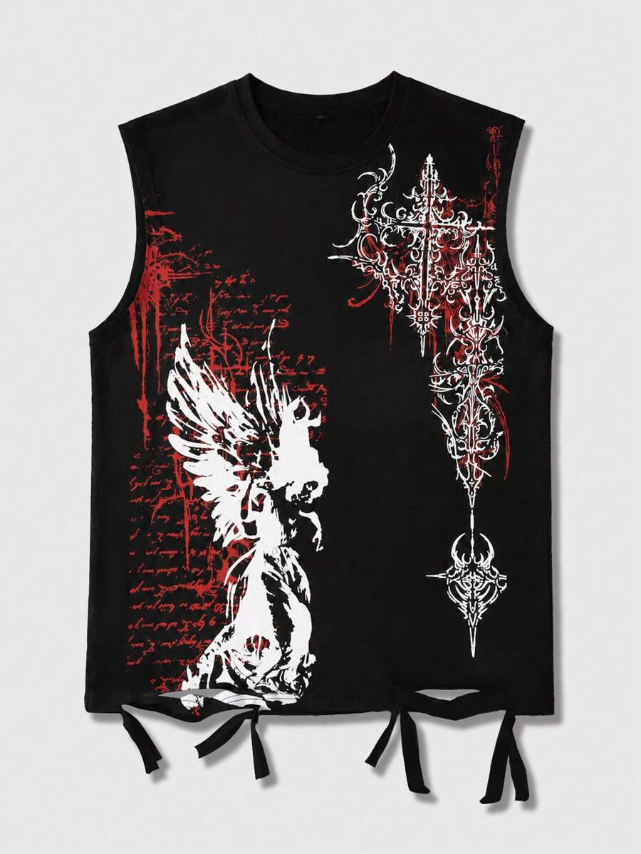 ROMWE MEN Street Life Men's Dark Hip-Hop Print Colorblock Crew Neck Distressed Tank Top - Black - View 1