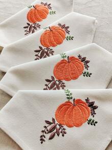 Cirelle 1/2/4 Pcs Embroidered Pumpkin Cloth Napkins, Off-White Fall Harvest Dinner Napkins With Orange Pumpkin Embroidery, Washable Reusable Cloth Napkins For Dining Table Decor - Multicolor - View 9