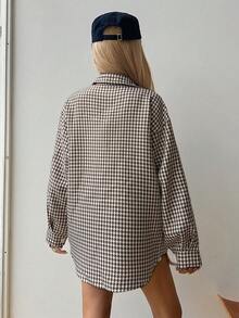 DAZY Jaket Wanita Longgar Kasual Motif Kotak-kotak untuk Musim Gugur dan Musim Dingin - Khaki - View 2