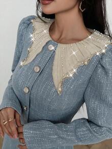 Modelyn 女款秋季長袖藍色粗花呢領飾假口袋鈕扣收腰A字優雅法式洋裝，適合早午餐與茶會 - 藍色 - 查看 7