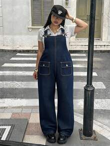 Rivivi Overall Denim Warna Gelap Ukuran Plus Wanita Gaya Y2K untuk Awal Musim Gugur - Dark Wash - View 6