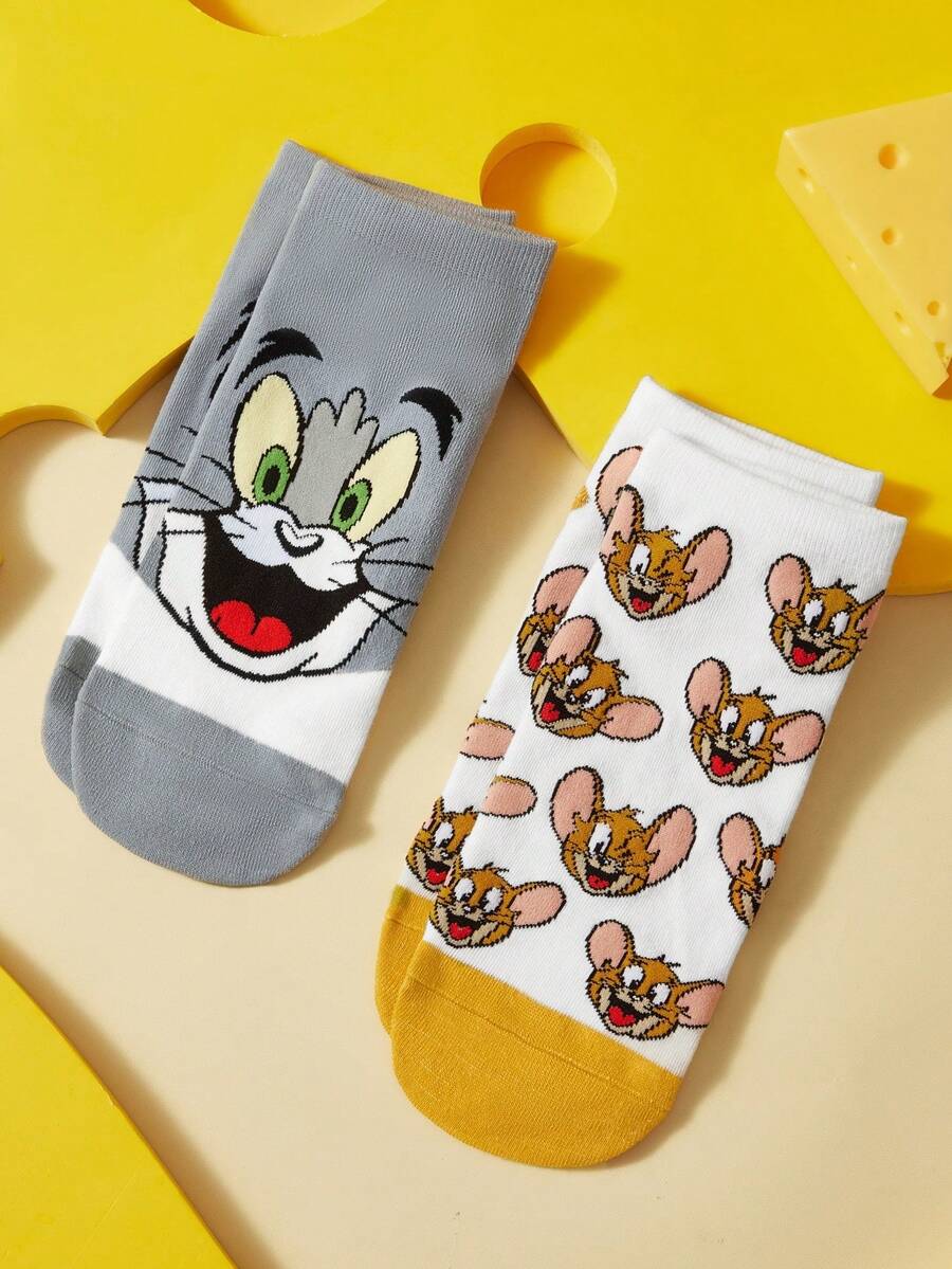 TOM & JERRY X SHEIN 2pairs Women's Cute Cartoon Pattern Contrast Color Short Ankle Socks - color mixing - View 1