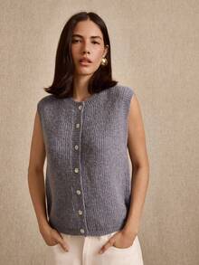 lacRébo Blue Sleeveless Fluffy Knitted Loose Fit Cardigan, Pearl Buttons Details - Blue - View 6