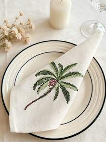 Cirelle 1/2/4 Pcs Embroidered Palm Tree Cloth Napkins, Off-White Dinner Napkins With Green Tropical Palm Embroidery, Washable Reusable Table Napkins For Dining Room Decor - Multicolor - View 14