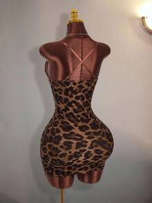Amplova Y2K Sexy Lace Patchwork Sleeveless Bodycon Mini Dress With Brown Print, Adjustable Shoulder Straps, For Women Club Party Night Night Out Summer - Khaki - View 2