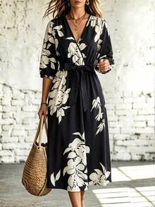 Rometta Plus Size Solid Color Print Cross Neck Short Sleeve Flowy Dress Wedding Day Wedding Guest Fall - Black and White - View 6