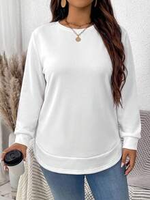 SHEIN LUNE 大尺碼女款純色長袖百搭休閒運動衫 - 白色 - 查看 4