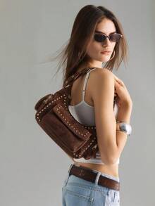 Viva Strut Ladies Fashionable Street Personalized Sweet Cool Spice Y2K Vintage Rivet Suede Shoulder Bag, Daily Shopping Commuter School Dating - Dark coffee - View 8