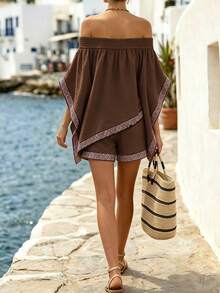 SHEIN Women's Vacation Style Off-Shoulder Linen Set, Summer Embroidery Loose Batwing Sleeve Top And Shorts Casual 2-Piece Outfit - Brown - View 2