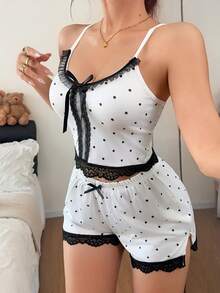 Napfluff Knitted All-Over White And Black Polka Dot Lace Patchwork Camisole Women's Pajama Set Sleep Night Summer Cute Kawaii - White - View 6