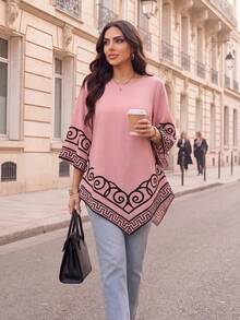 SHEIN Lady Women's Round Neck 3/4 Bell Sleeve Geometric Print Asymmetric Hem Loose Blouse - Multicolor - View 3
