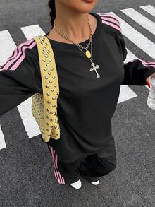 Muchica Ensemble 2 pièces décontracté pour femme avec top à col rond manches longues et pantalon blocs de couleurs pour un usage quotidien - Noir - Voir 7