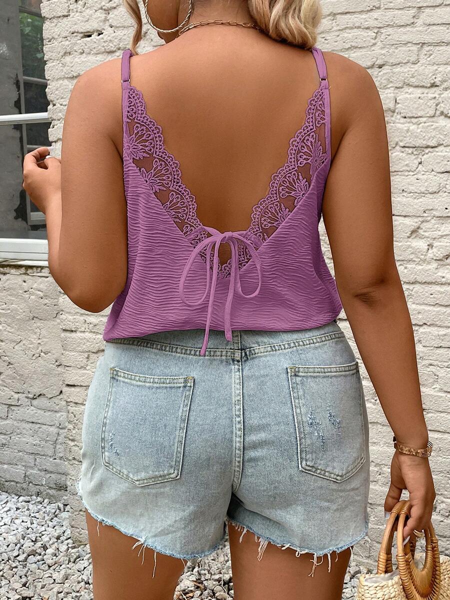 SHEIN Frenchy 纹理后背系带度假加大码女式背心 - 紫色 - 查看 1