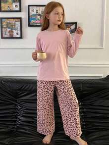 DAZY Tween Girl Round Neck Long Sleeve Pocket Top And Leopard Print Pants Loungewear - Baby Pink - View 7