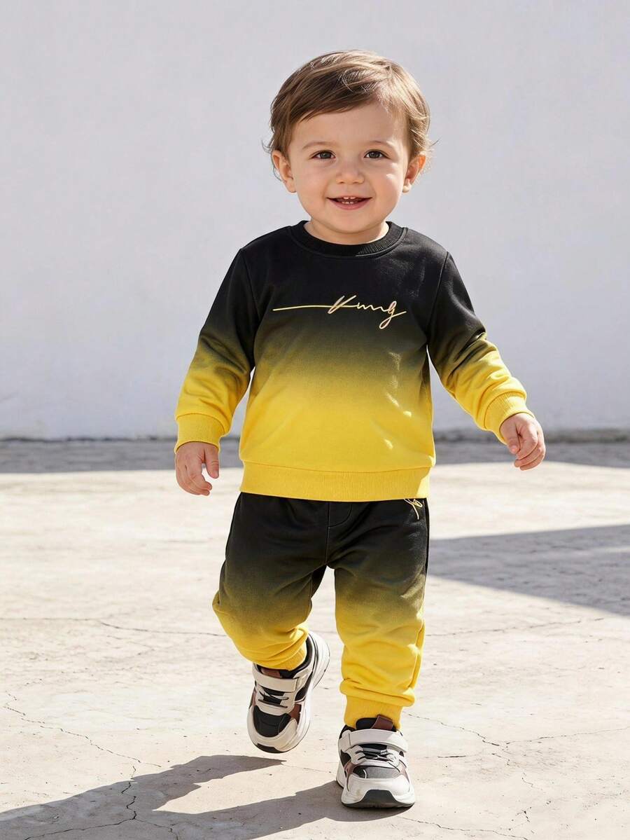 SHEIN 1 Set Baby Boy Outfit, Minimalist Business Casual Elegant Gradient Black & Yellow With Letter Logo Crew Neck Long Sleeve Ribbed Sweatshirt - Multicolor - View 1