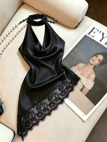 Cévolie Fashion Party Slim Fit Sexy Draped Neck Cowl Neck Ruched Lace Trim Patchwork Backless Sleeveless Tank Top - Black - View 2