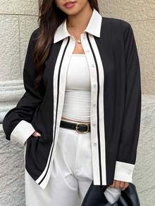 Easura Plus Size Elegant Long Sleeve Button-Front Contrast Color Commuter Women's Shirt - Black and White - View 3
