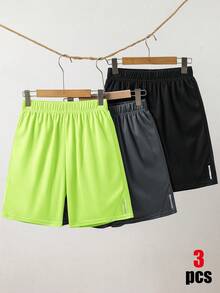 SHEIN 3件組青少年男孩休閒配色反光膠帶短褲套裝，適用運動、居家、學校與校園 - 彩色 - 查看 4