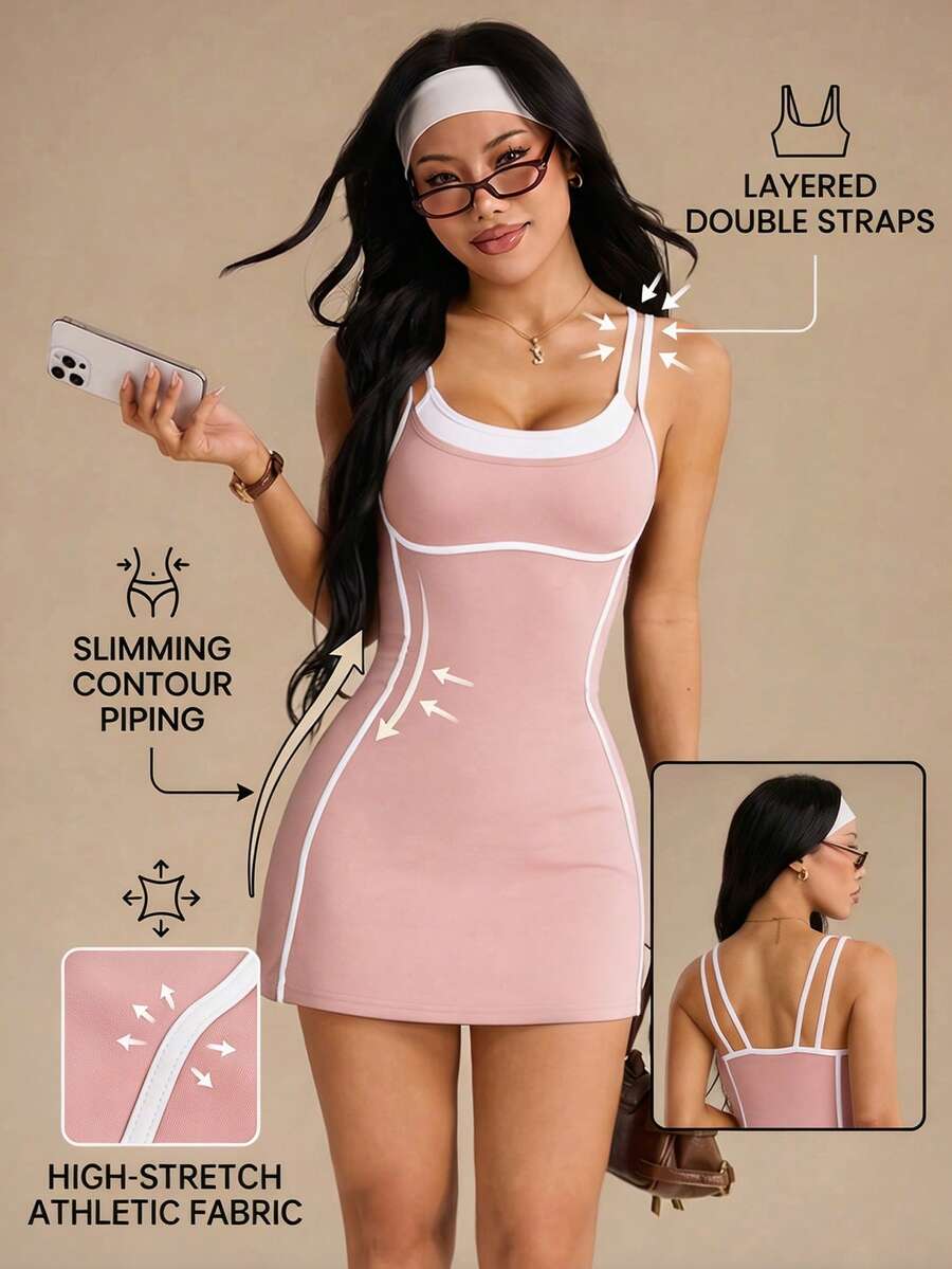 SHEIN Sports 女款甜美灰粉色拼接運動休閒連身裙與短褲套裝,健身網球夏季穿搭 - 粉色 - 查看 1