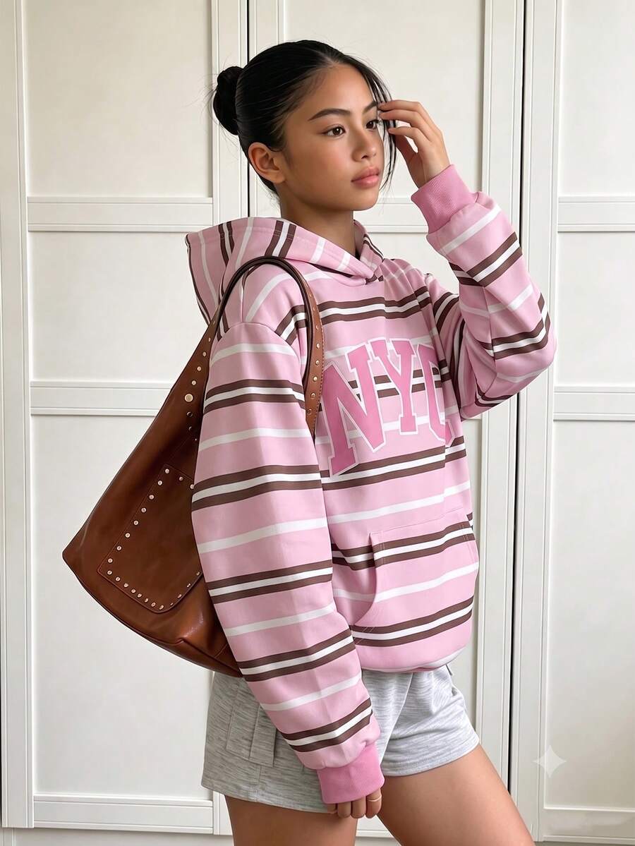 女童圓領粉色與棕色拼接字母NYC休閒日常返校抓絨內裡運動衫,適合春秋冬季的多功能校園風 - 彩色 - 查看 1