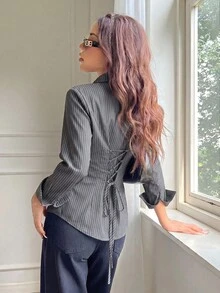SHEIN EZwear 女款休閒條紋長袖收腰襯衫，適合通勤、約會、派對、秋季/冬季、夏季、婚禮、海灘、畢業典禮，優雅休閒，適合日常通勤、外出、Y2K、音樂節、假期、返校穿搭 - 彩色 - 查看 4