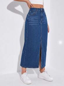 SHEIN Unity 女款休閒日常牛仔裙，附口袋、鈕扣與開衩設計 - 中等水洗藍 - 查看 5