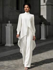 SHEIN Franclia Women's Solid Color Stand Collar Puff Long Sleeve Asymmetrical Hem Blouse And Wide Leg Pants Elegant 2 Pieces Set - White - View 5