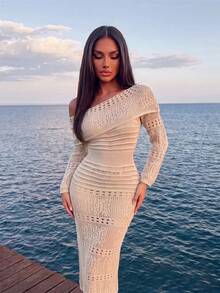 Sirith Women's Solid Color Asymmetric Neck Casual Vacation Travel Knit Dress - Apricot - View 5