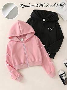 SHEIN 女童蝴蝶結裝飾拉鍊門襟連帽寬鬆休閒冬季衛衣 返校季 粉色 秋季 - 粉色 - 查看 1