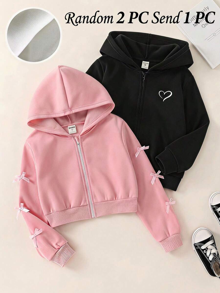 SHEIN 女童蝴蝶結裝飾拉鍊門襟連帽寬鬆休閒冬季衛衣 返校季 粉色 秋季 - 粉色 - 查看 1