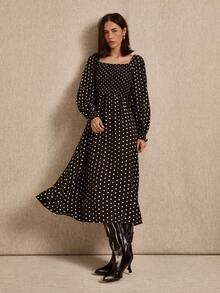 lacRébo Black Polka Dot Shirred Midi Dress, Square Neckline And Puff Long Sleeves With Shirred Cuff, Spring - Black - View 1